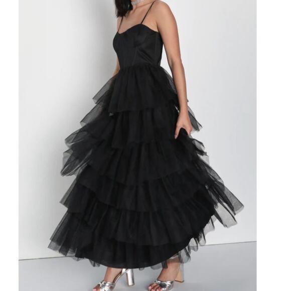 Lulus Rule The Runway Black Mesh Tulle Bustier Tiered Maxi Dress M Formal Party - Picture 5 of 15